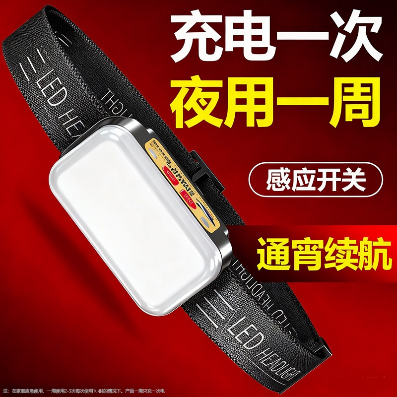 微笑鲨头戴式强光头灯感应超亮户外登山钓鱼led户外照明超长续航