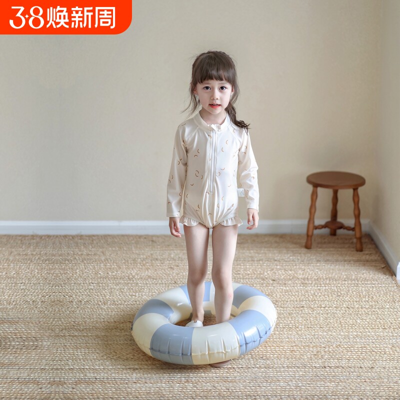 女童夏季连体长袖泳衣速干宝宝海边防晒衣女孩游泳碎花边可爱泳装