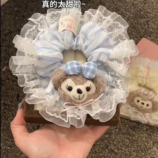 2025新款雪莉玫大肠发圈格子蕾丝感扎马尾丸子头发绳发饰达菲熊