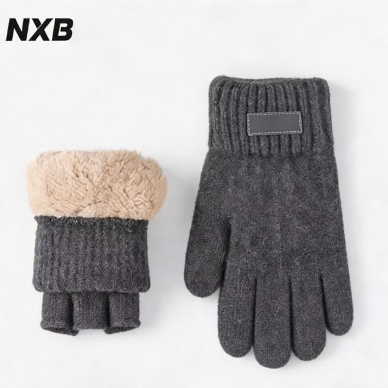 NXB毛线连指手套男士冬季针织加绒加厚保暖冬天学生户外骑行防寒