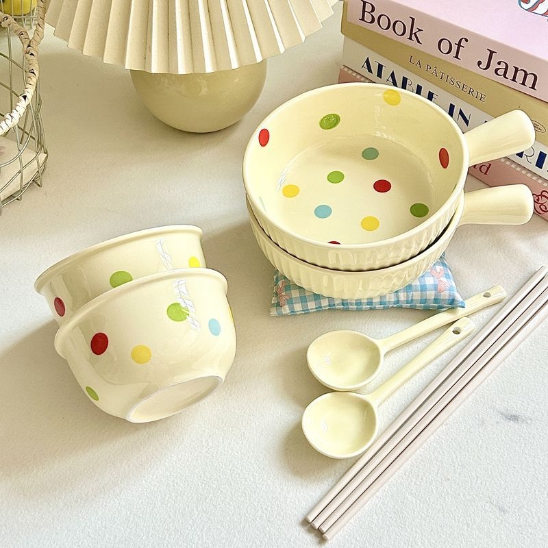 大容量汤碗陶瓷双耳泡面碗麻辣烫碗水果甜品碗带手柄奶油风草帽碗