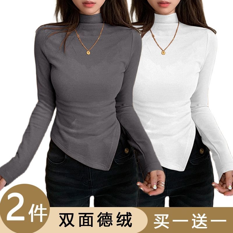 德绒半高领内搭打底衫女秋冬不规则大码正肩辣妹长袖t恤修身上衣