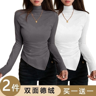 t恤修身 正肩辣妹长袖 上衣 女秋冬不规则大码 德绒半高领内搭打底衫