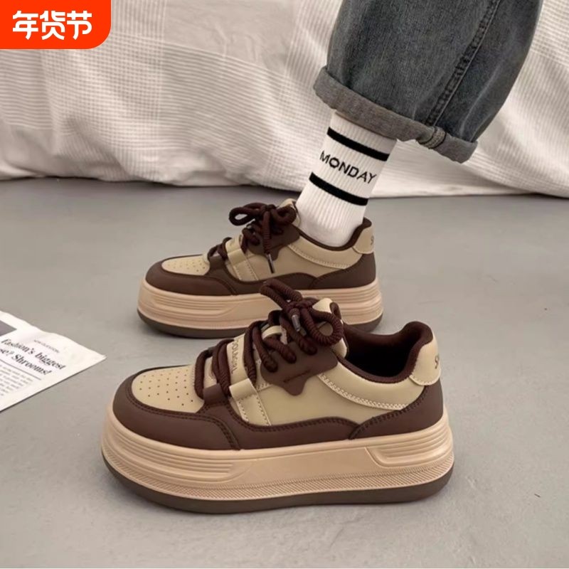 品牌断码2025新款叠穿港风松糕厚底板鞋女春秋小众增高百搭休闲运