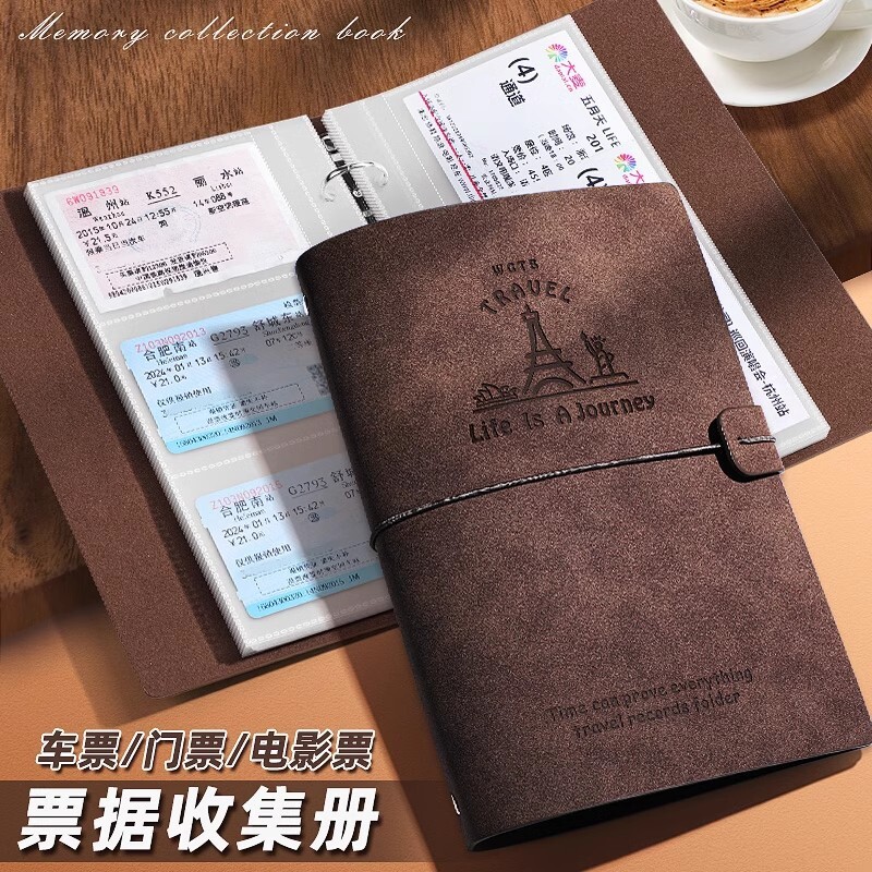 复古皮面票据收集册多功能复古票夹车票电影票收纳明信片活页拍立得纪念相册收藏册便携旅游纪念册图片
