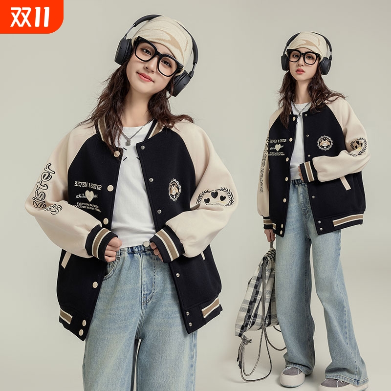 女童棒球服外套春秋款2025新款大童12儿童秋装初中学生潮15岁黑色