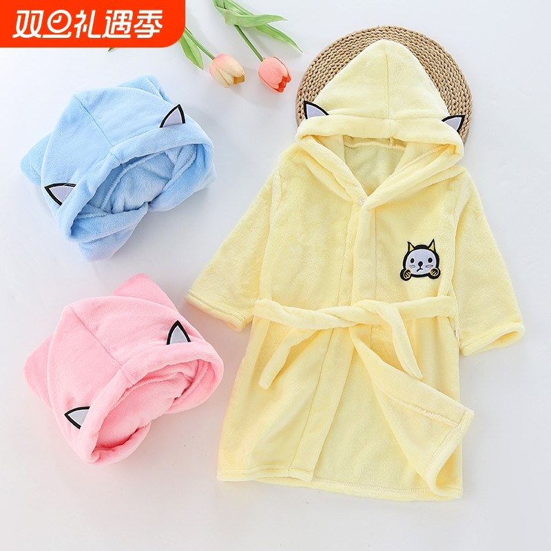 秋冬新款男女童睡袍中小儿童睡衣珊瑚绒连帽动物浴袍