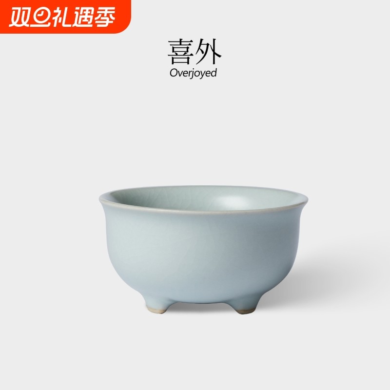 喜外 天青汝窑三足杯开片可养汝瓷主人杯功夫茶具茶杯单杯品茗杯