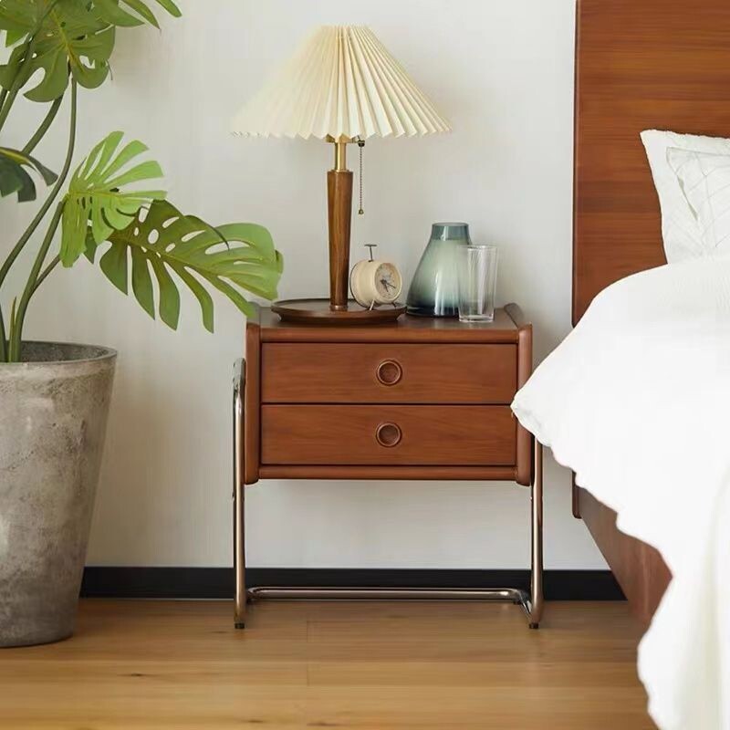 c北欧实木床头柜卧室复古小型收纳柜中古家具ins不锈钢床边置物柜