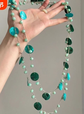 复古小众绿色仿贝壳项链女波西米亚民族风长款叠戴毛衣链多戴法
