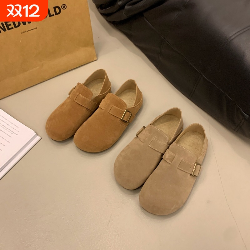 复古全包勃肯鞋女2025春秋休闲一脚蹬平底磨砂大码女鞋单鞋圆头