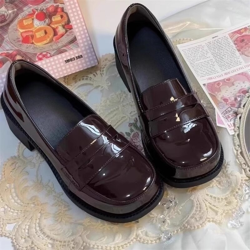 jk制服鞋学生单鞋增高鞋皮鞋棕色学院风小皮鞋女圆头高跟玛丽珍鞋