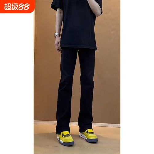 修身柳叶弯刀牛仔裤大童黑色男款直筒裤子美式高街vibe风微喇裤子