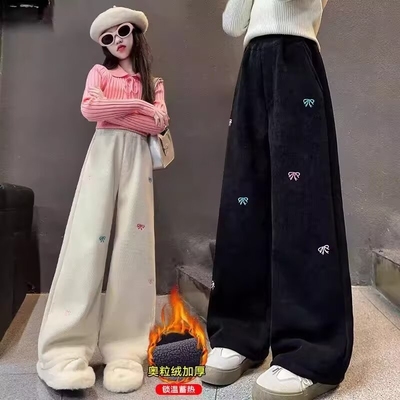 女童裤子加绒秋冬2025新款冬装女孩冬季加厚条绒阔腿裤儿童粒绒