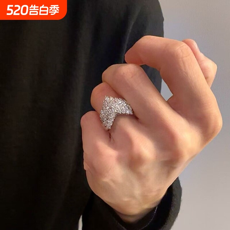 vintage中古夸张满钻爱心银色戒指轻奢小众设计高级感食指戒指