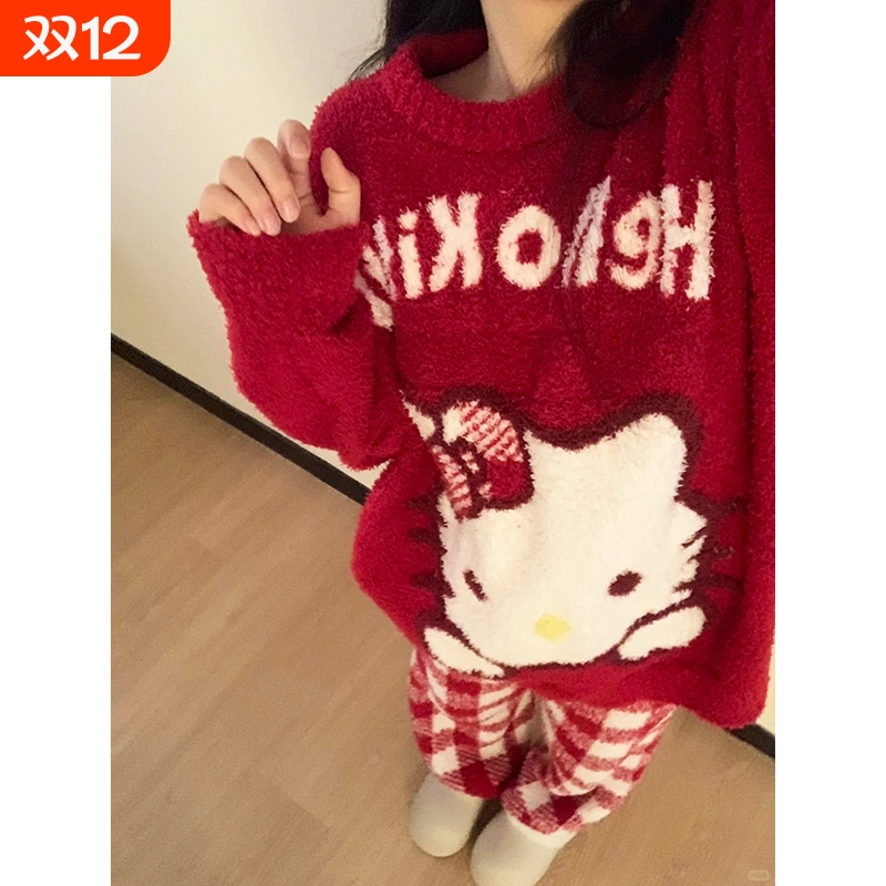 冬季长袖加绒加厚珊瑚绒睡衣女款