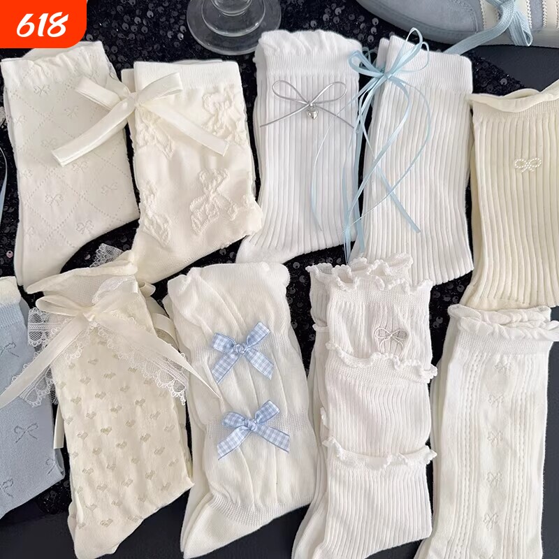 少女袜子女jk中筒夏季ins蕾丝蝴蝶结白色甜美花边长袜仙女袜珍珠