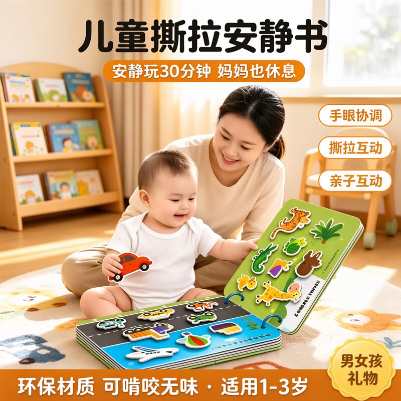 婴幼儿手撕安静书魔术贴设计可啃咬材质宝宝早教启蒙玩具