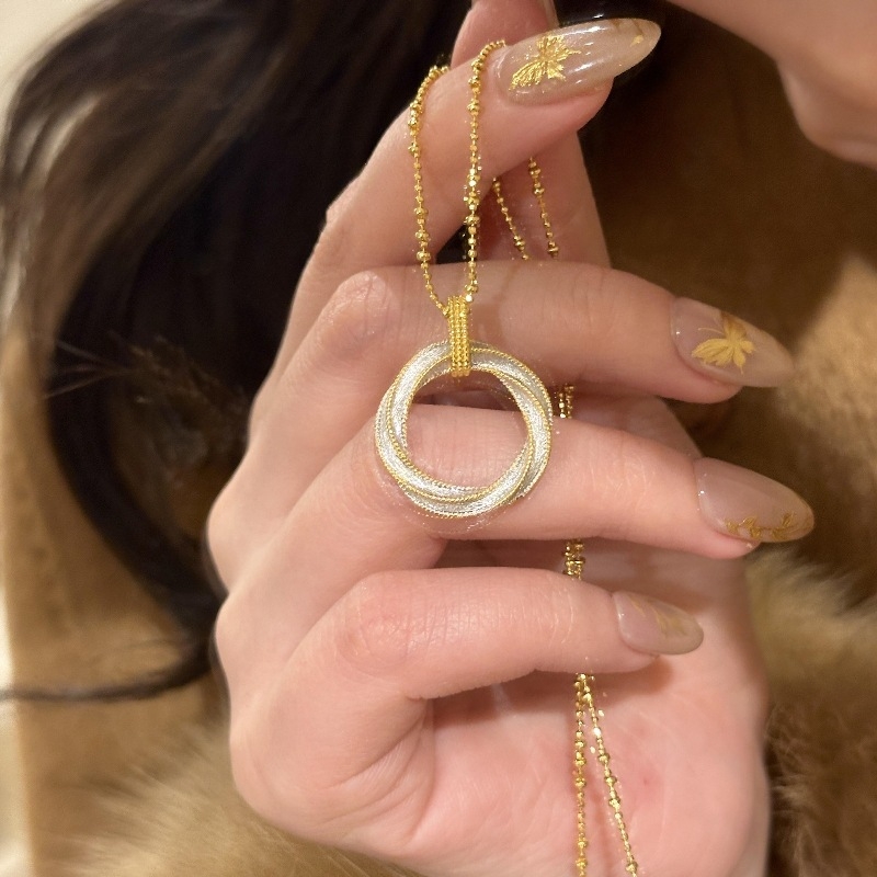 925法式轻奢复古高级感分金拉丝莫比鸟斯环项链扭花质感吊坠颈链