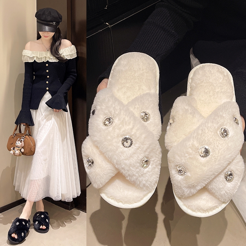 品牌直供毛毛拖鞋女外穿2025年新款秋冬季居家毛绒厚底交叉棉拖鞋