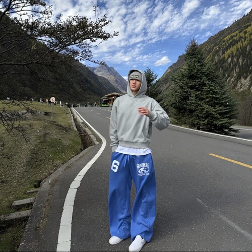 美式刺绣植绒印花慵懒版型弯刀阔腿裤秋夏百搭运动长裤休闲卫裤