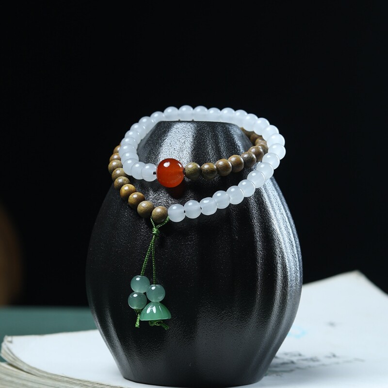 绿檀木手串女6mm中式DIY双圈款双拼玉石双色手链情侣佛珠文玩饰