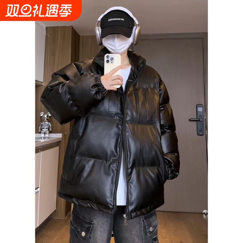 户外钢印字母pu皮羽绒服男款冬季高级感加厚冬棉服复古立领情侣面
