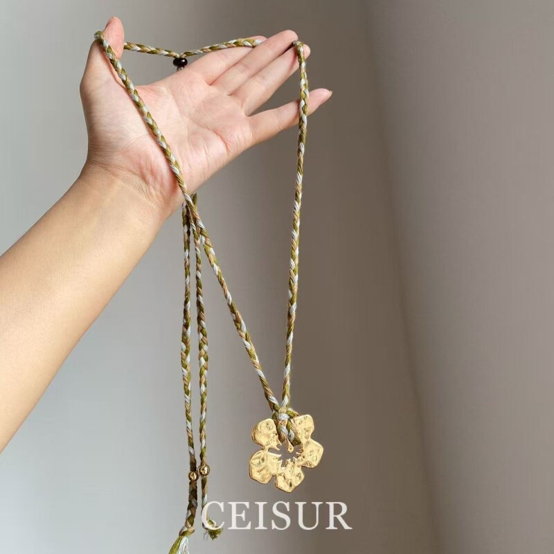 扶桑花~ins博主同款复古金色花朵穿绳项链个性时尚度假风编织颈链