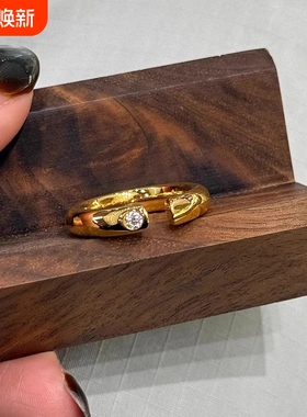 复古金色点钻泥鳅背开口戒指小众设计简约百搭轻奢高级感素圈指环