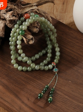 新中式长款和田玉绿色串珠项链女国风复古气质一款多戴毛衣链配饰