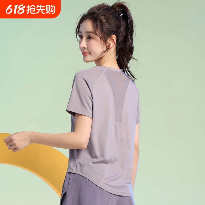羽毛球服速干衣女运动上衣t恤夏季短袖瑜伽健身网纱紫色黑色后背