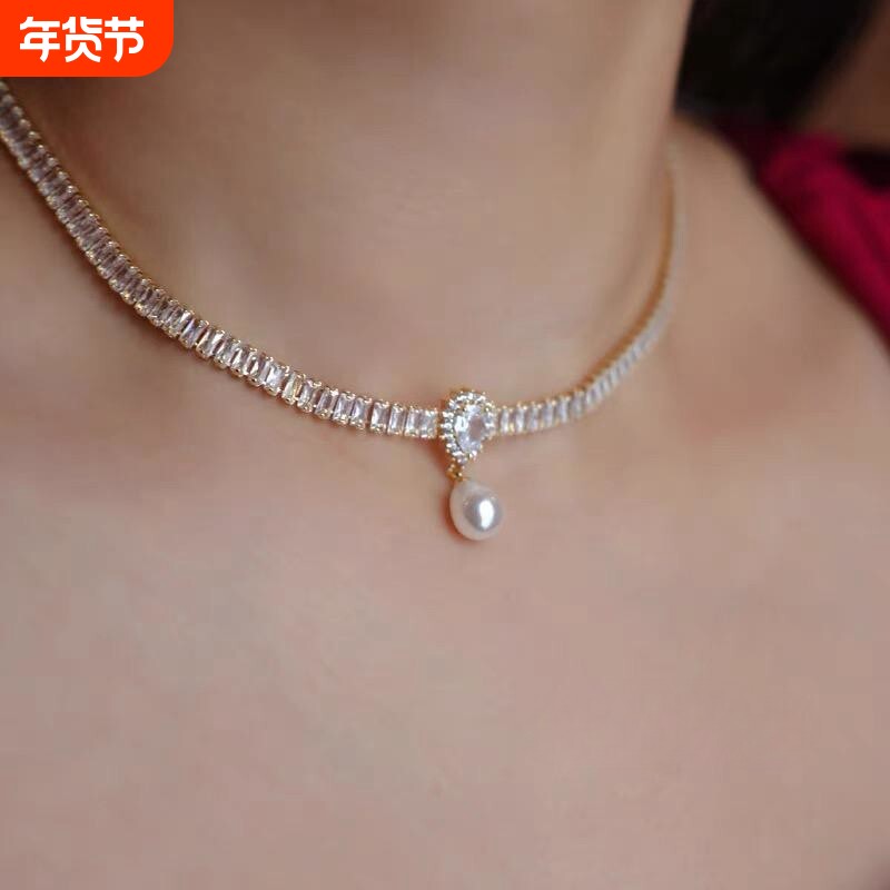 水晶颈链高级感轻奢复古重工项链女铜镶锆石巴洛克水滴珍珠锁骨链