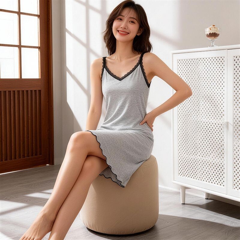 莫代尔吊带睡裙女夏季蕾丝花边背心带胸垫短裙性感睡衣家居服薄款