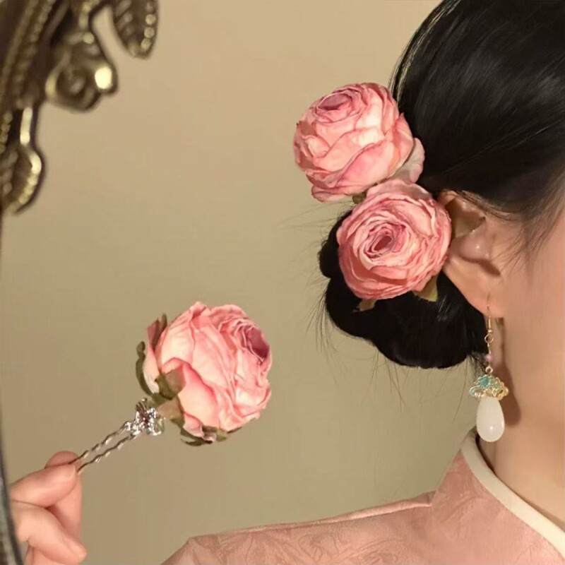干枯玫瑰~2026新款超仙粉色玫瑰花朵发簪发钗海边度假风头饰女