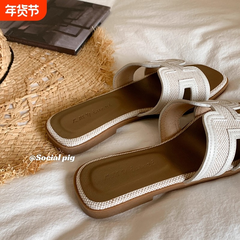 可外穿平底拖鞋女夏季法式小香风一字带复古凉鞋沙滩拖百搭美翻了