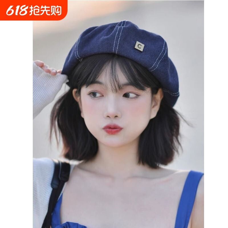 新款牛仔贝雷帽金属标画家八角帽复古春云朵帽子小众百搭报童帽