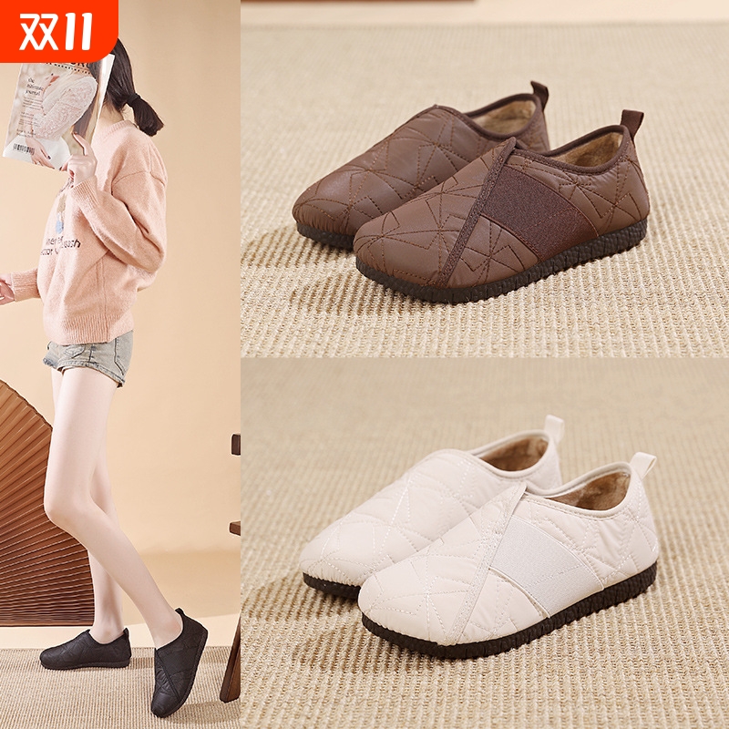 一脚蹬加绒棉鞋防滑软底妈妈鞋2025秋冬新款舒适雪地靴女毛绒黑色