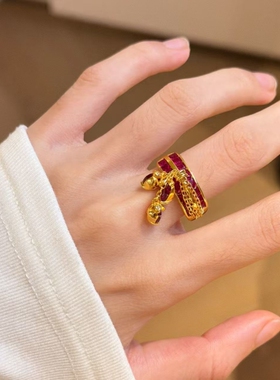 独家制作!新年鸽血红色流苏爱心宽版戒指个性独特百搭时尚指环女