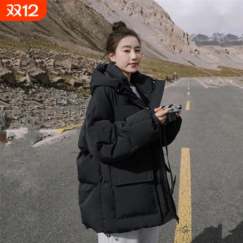 羽绒服女士冬季2025新款加厚学生面包服短款小个子连帽棉衣袄黑色