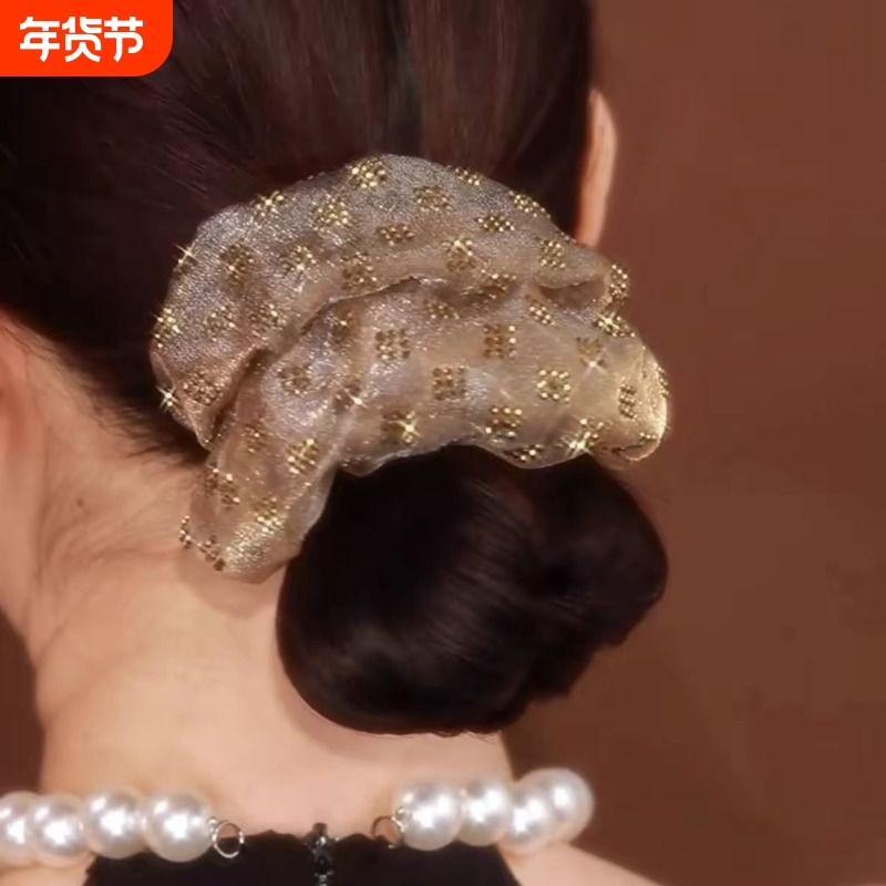 发圈韩版优雅法式手工格子烫钻高级感高马尾丸子头气质皮筋女轻奢