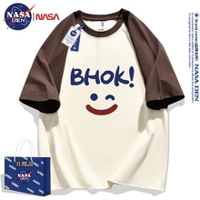 百搭印花短袖 插肩男女春夏季 T恤 美式 NASA联名拼接重磅纯棉五分袖