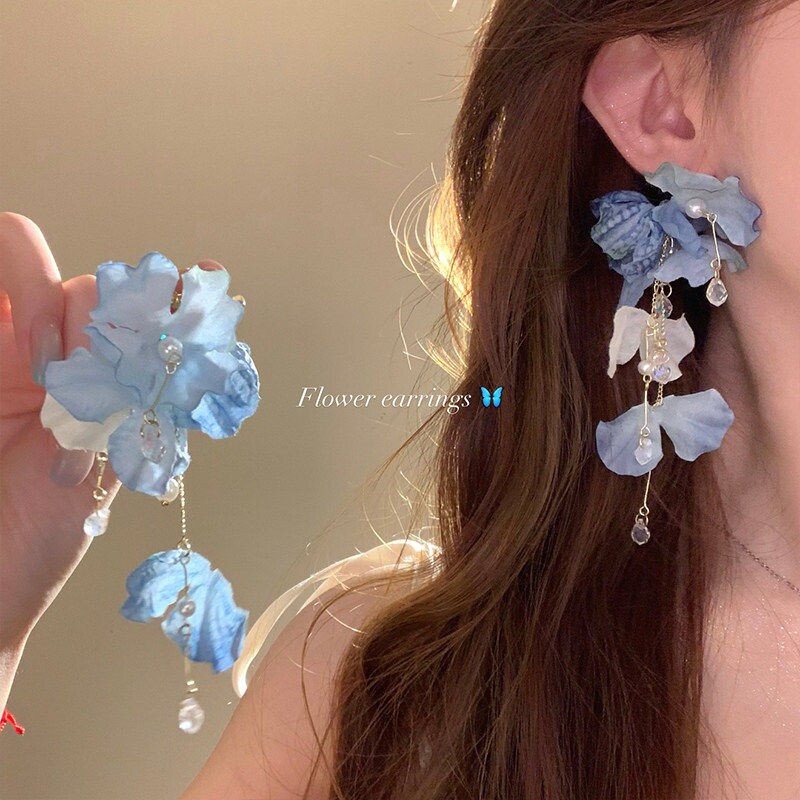 超仙夏日蓝色流苏耳钉女高级感海边度假风耳环绝美氛围感耳饰粉色