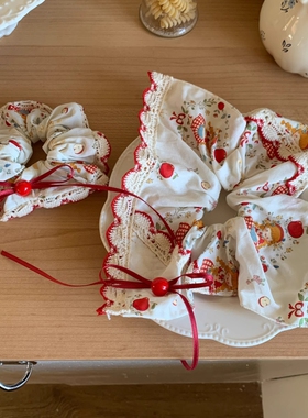 红苹果爱丽丝~蕾丝花边蝴蝶结方巾发圈森系少女肠圈发绳手作发饰