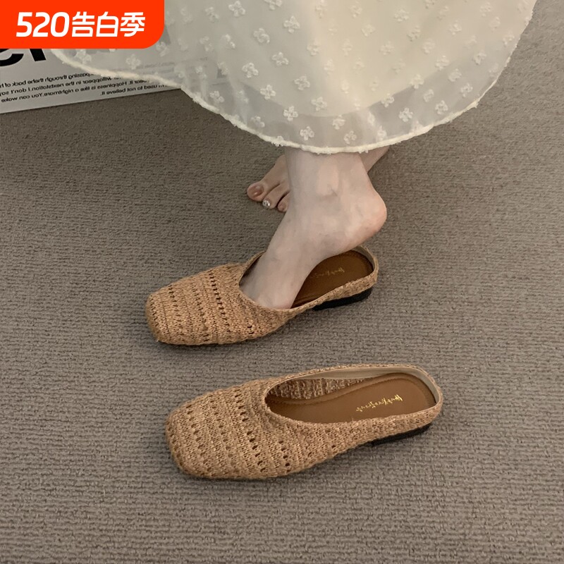 编织半拖鞋女外穿2026春夏季配裙子包头勃肯鞋黑色羊皮浅口法式