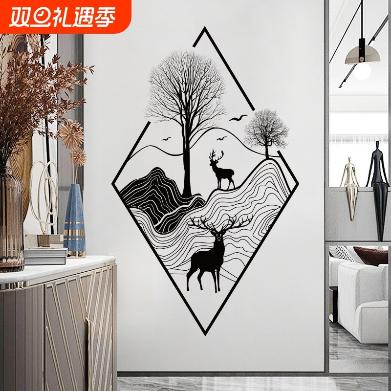 卉之彩CH46070深林有鹿北欧客厅卧室鹿贴画水墨麋鹿背景自粘墙
