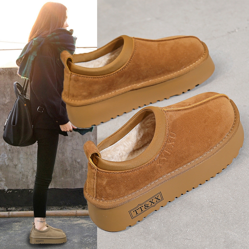 真皮厚底勃肯雪地靴女2025冬季新款加绒毛毛鞋保暖一脚蹬面包棉鞋