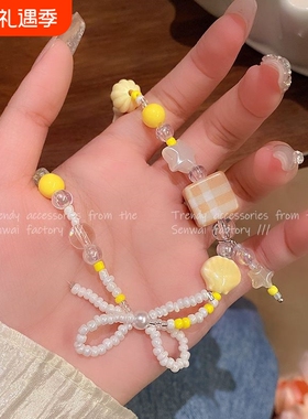 多巴胺黄色串珠蝴蝶结项链女甜美百搭小众设计锁骨链ins风配饰品