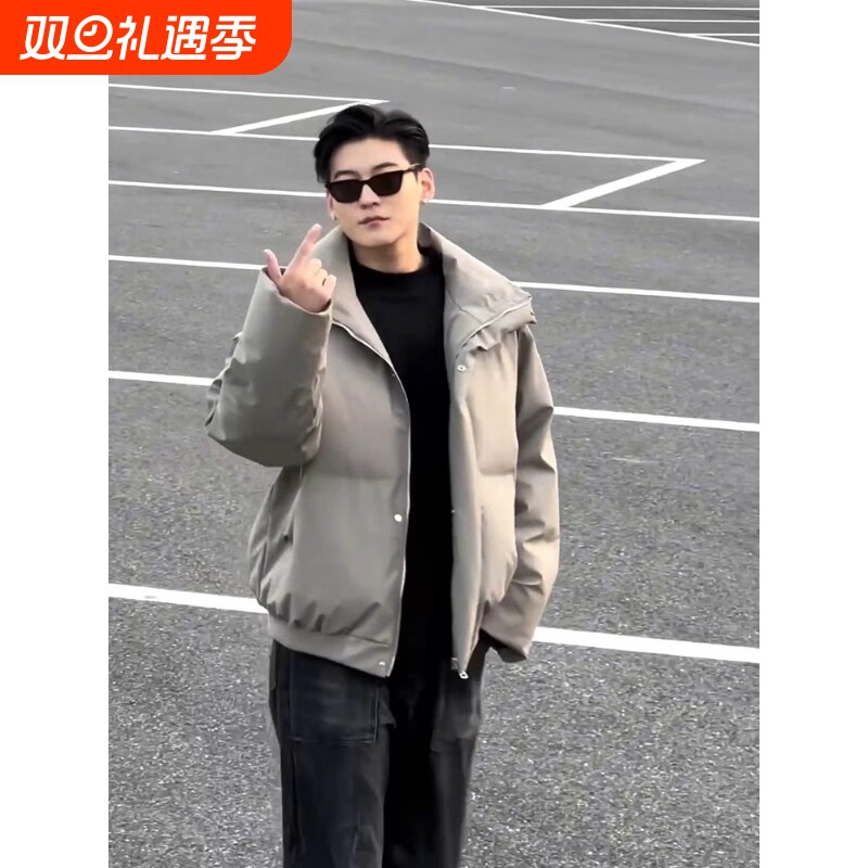 户外户外三防美式短款立领pu皮羽绒服男冬季加厚cleanfit外套面包