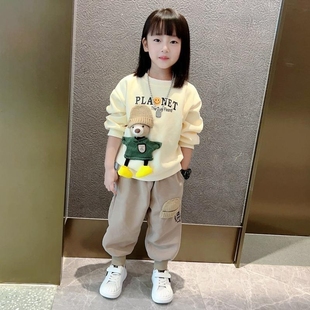 两件套HDD534 中大儿童卡通时尚 女童洋气小熊卫衣套装 2025春秋新款