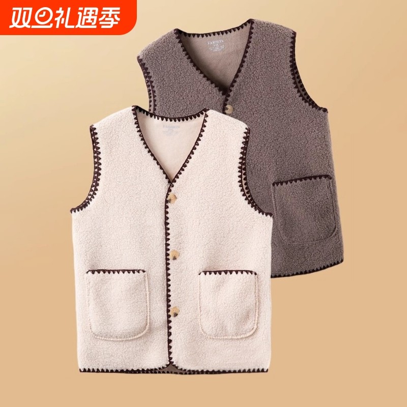 雪夕妈妈秋冬装百搭马甲上衣中老年人女装仿貂绒灯芯绒马夹薄外套